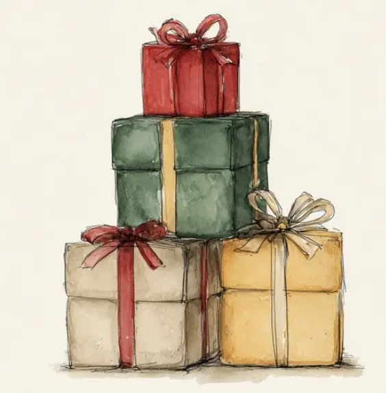 Watercolour stack of wrapped gift boxes